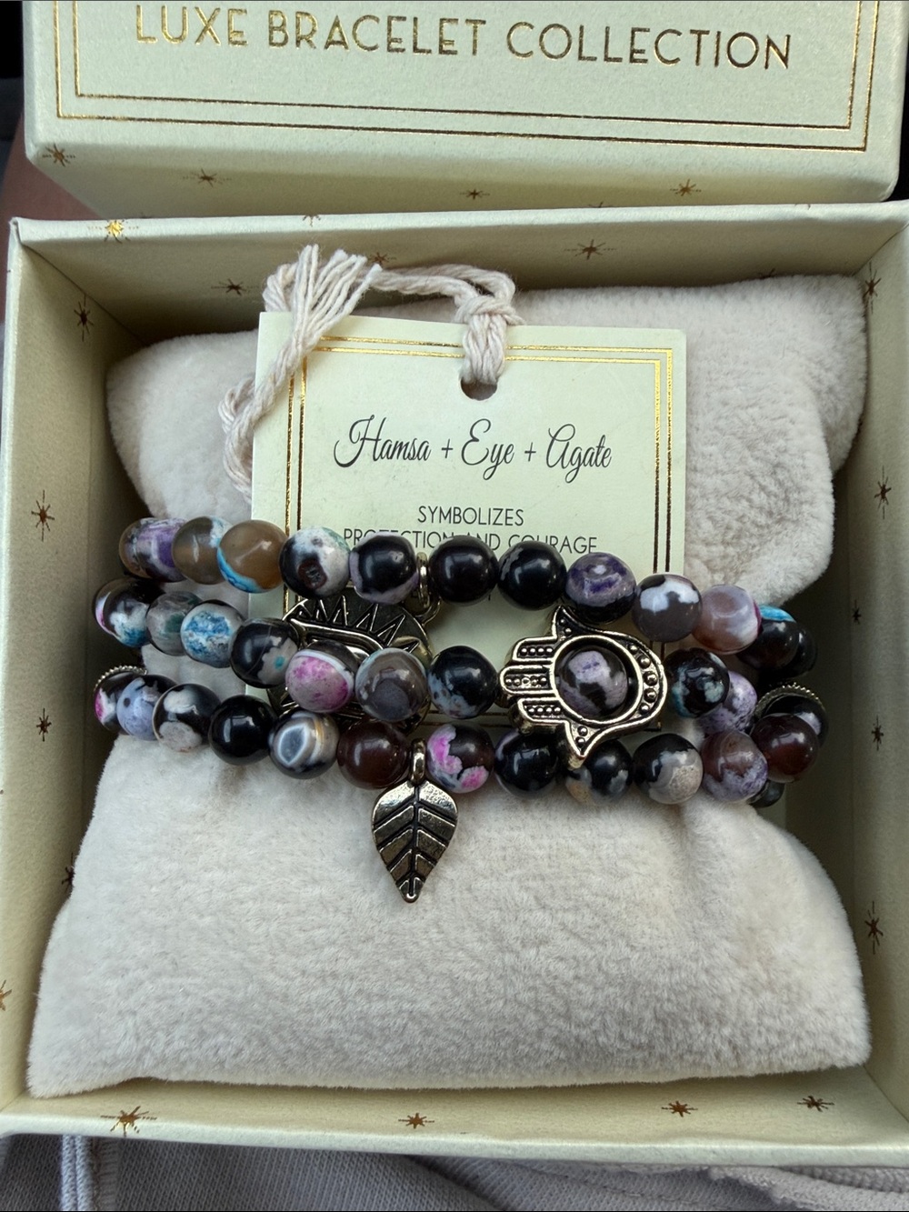 Hamsa Eye Agate Beaded Wrap Bracelet - Black & Multicolor arm candy new NWT box